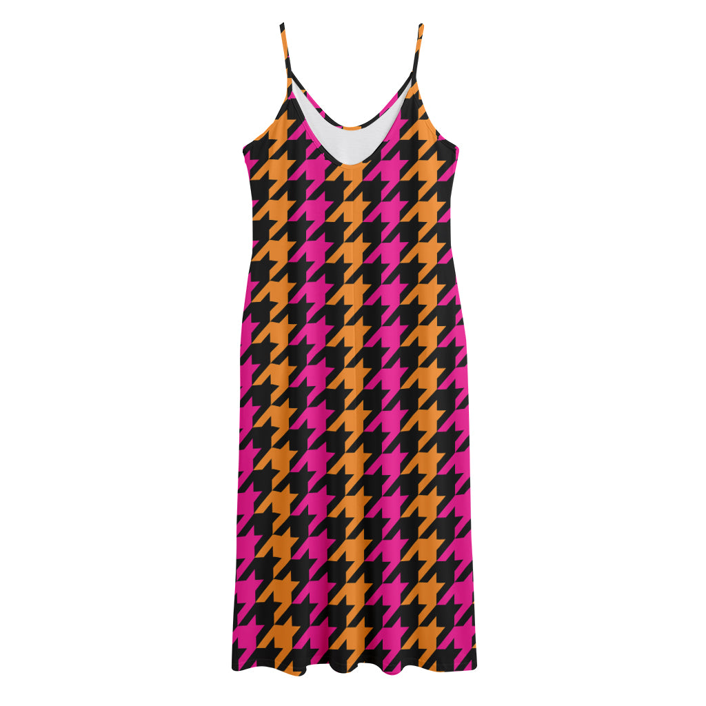 Orange Pink And Black Houndstooth Print Jersey Midi Cami Dress