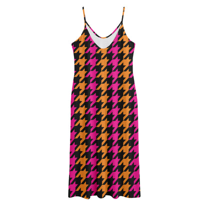 Orange Pink And Black Houndstooth Print Jersey Midi Cami Dress