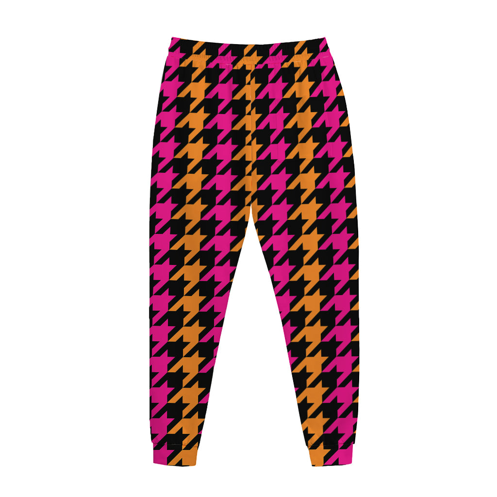 Orange Pink And Black Houndstooth Print Jogger Pants