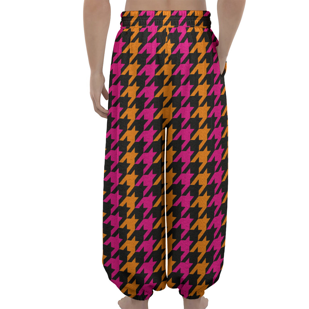 Orange Pink And Black Houndstooth Print Lantern Pants