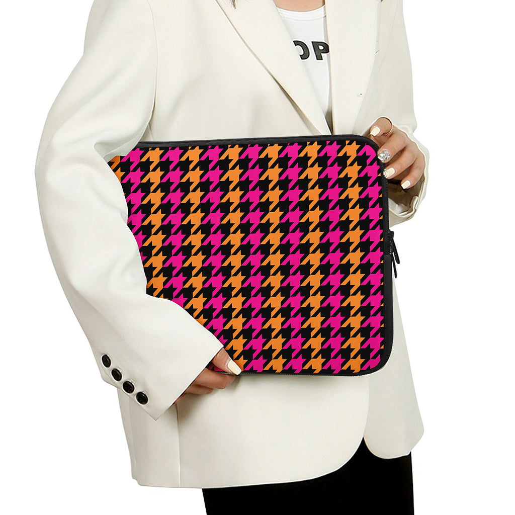 Orange Pink And Black Houndstooth Print Laptop Sleeve