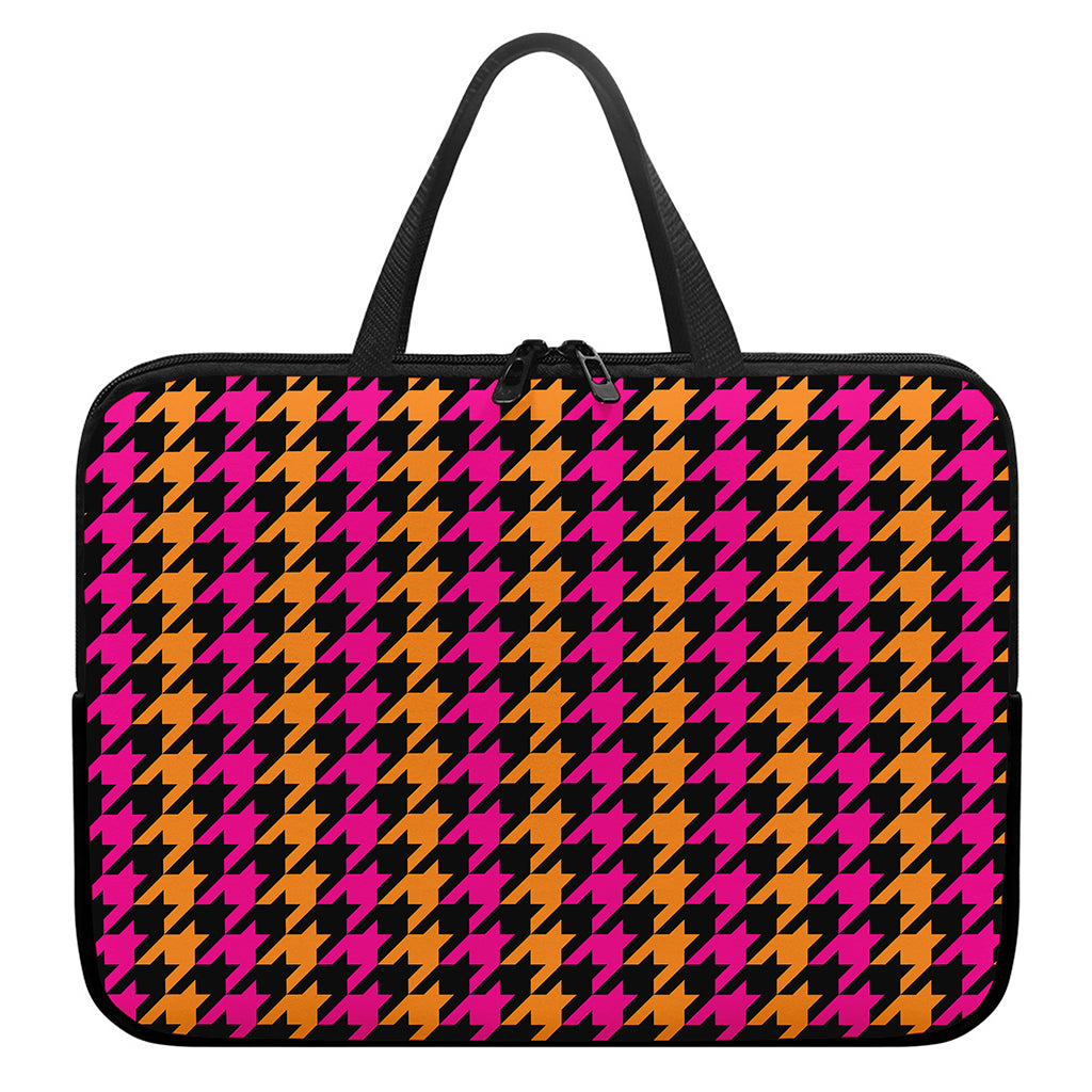 Orange Pink And Black Houndstooth Print Laptop Sleeve With Handle