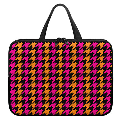 Orange Pink And Black Houndstooth Print Laptop Sleeve With Handle