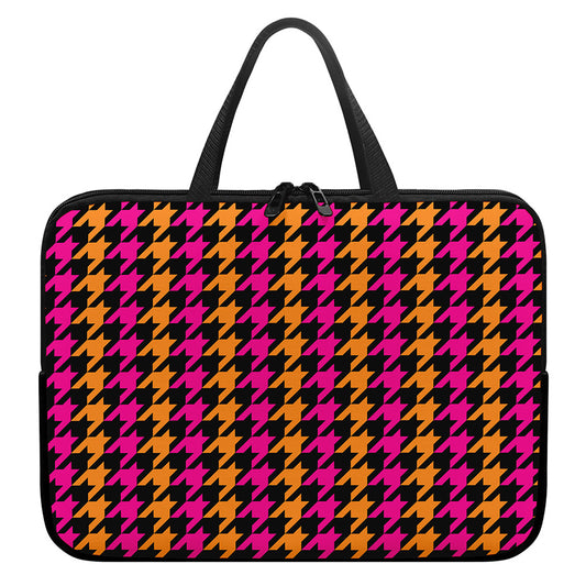 Orange Pink And Black Houndstooth Print Laptop Sleeve With Handle