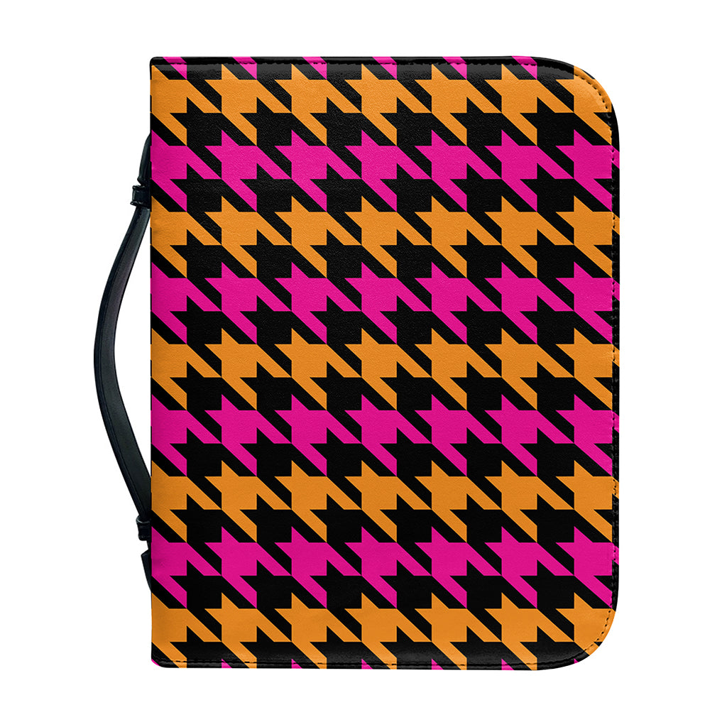 Orange Pink And Black Houndstooth Print Leather Bible Cover