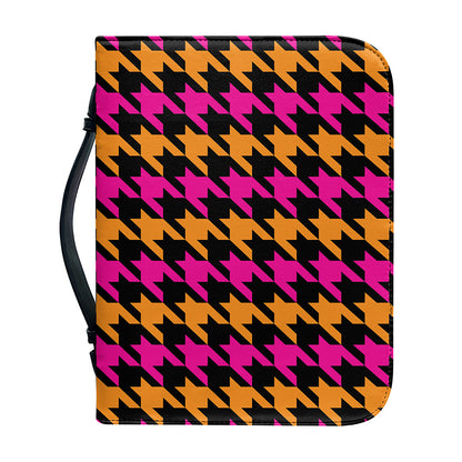 Orange Pink And Black Houndstooth Print Leather Bible Cover