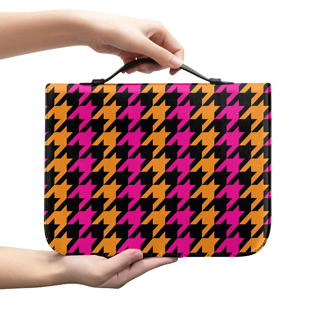 Orange Pink And Black Houndstooth Print Leather Bible Cover