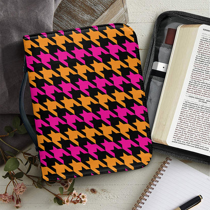 Orange Pink And Black Houndstooth Print Leather Bible Cover