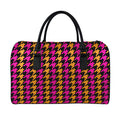 Orange Pink And Black Houndstooth Print Leather Duffel Bag