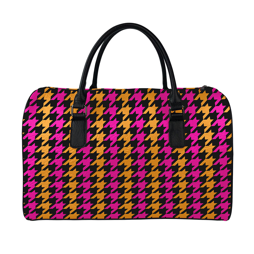 Orange Pink And Black Houndstooth Print Leather Duffle Bag