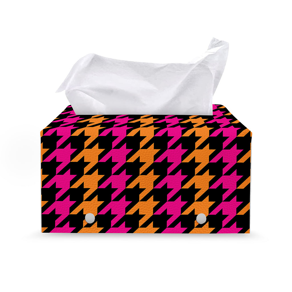 Orange Pink And Black Houndstooth Print Leather Tissue Box Cover