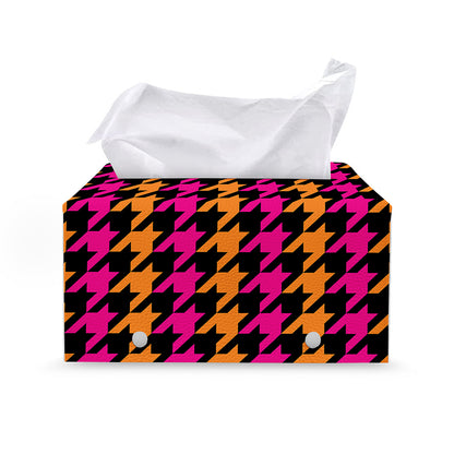 Orange Pink And Black Houndstooth Print Leather Tissue Box Cover