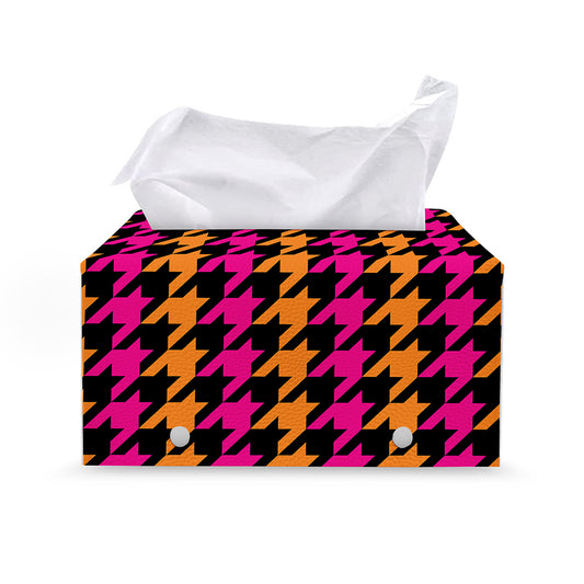 Orange Pink And Black Houndstooth Print Leather Tissue Box Cover