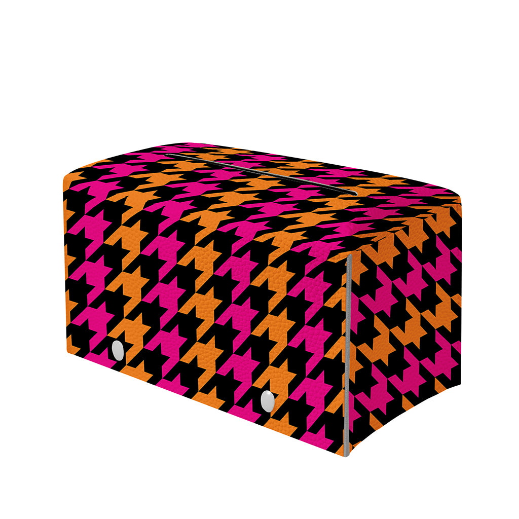 Orange Pink And Black Houndstooth Print Leather Tissue Box Cover