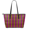 Orange Pink And Black Houndstooth Print Leather Tote Bag With Zipper