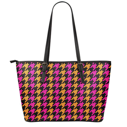 Orange Pink And Black Houndstooth Print Leather Tote Bag
