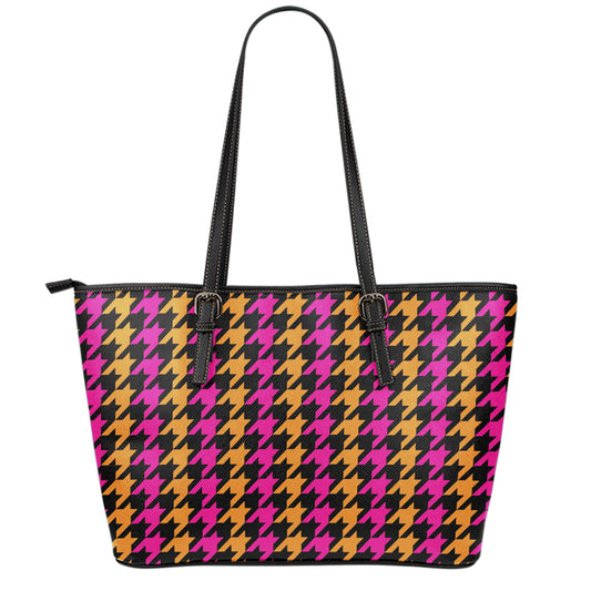 Orange Pink And Black Houndstooth Print Leather Tote Bag