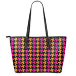 Orange Pink And Black Houndstooth Print Leather Tote Bag