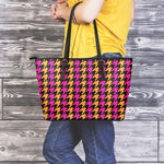 Orange Pink And Black Houndstooth Print Leather Tote Bag