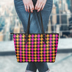 Orange Pink And Black Houndstooth Print Leather Tote Bag
