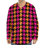 Orange Pink And Black Houndstooth Print Long Sleeve Baseball Jersey
