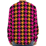 Orange Pink And Black Houndstooth Print Long Sleeve Baseball Jersey