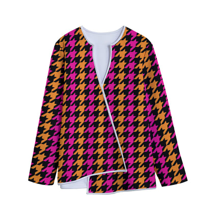 Orange Pink And Black Houndstooth Print Long Sleeve Short Coat