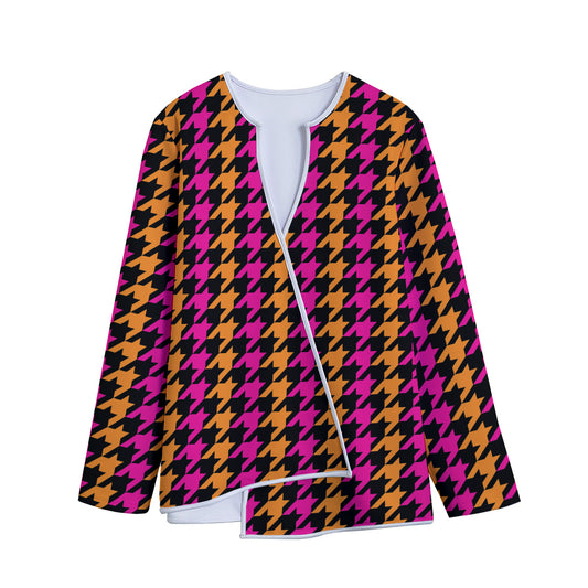 Orange Pink And Black Houndstooth Print Long Sleeve Short Coat