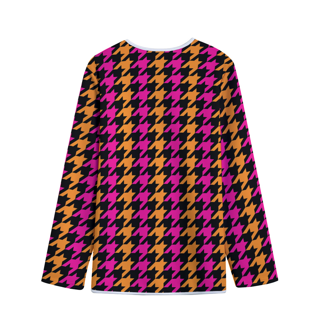 Orange Pink And Black Houndstooth Print Long Sleeve Short Coat