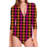 Orange Pink And Black Houndstooth Print Long Sleeve Swimsuit