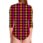 Orange Pink And Black Houndstooth Print Long Sleeve Swimsuit