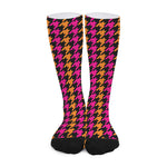 Orange Pink And Black Houndstooth Print Long Socks