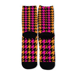 Orange Pink And Black Houndstooth Print Long Socks