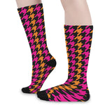 Orange Pink And Black Houndstooth Print Long Socks