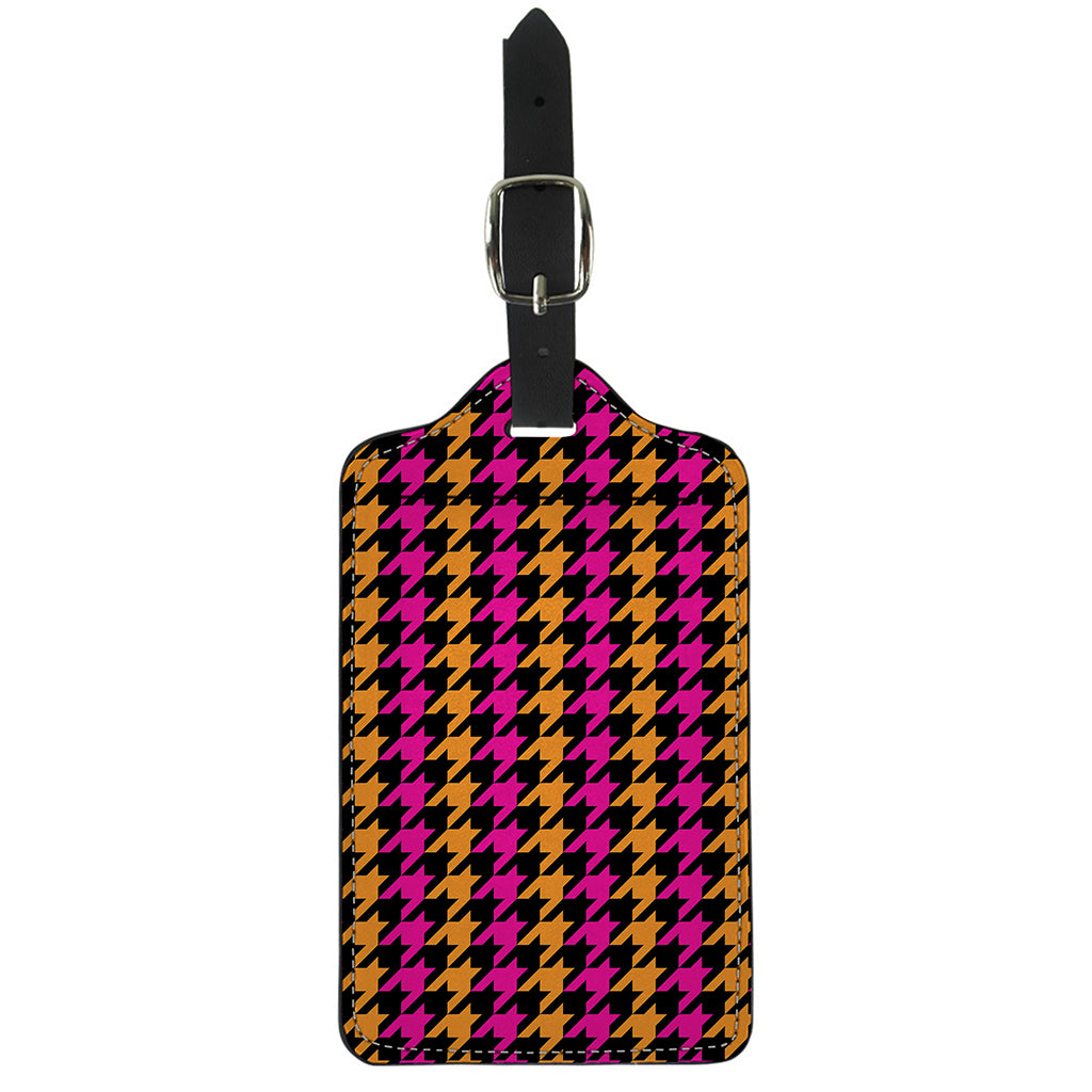 Orange Pink And Black Houndstooth Print Luggage Tag