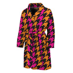 Orange Pink And Black Houndstooth Print Men's Bathrobe