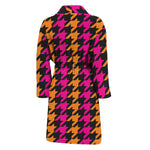 Orange Pink And Black Houndstooth Print Men's Bathrobe
