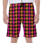 Orange Pink And Black Houndstooth Print Men's Beach Shorts