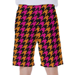 Orange Pink And Black Houndstooth Print Men's Beach Shorts