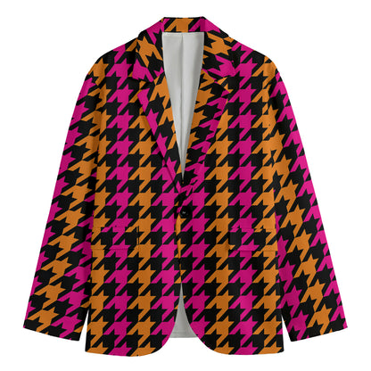 Orange Pink And Black Houndstooth Print Men's Blazer