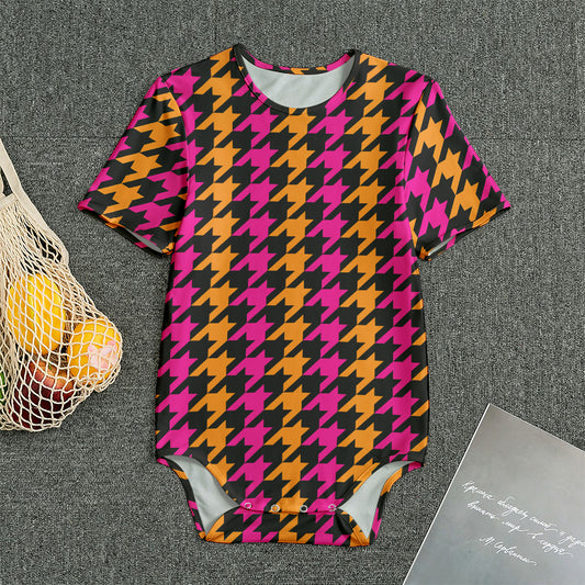 Orange Pink And Black Houndstooth Print Men's Bodysuit