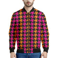 Orange Pink And Black Houndstooth Print Men's Bomber Jacket