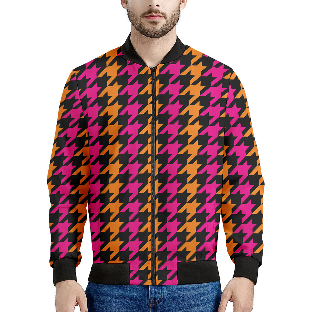 Orange Pink And Black Houndstooth Print Men's Bomber Jacket