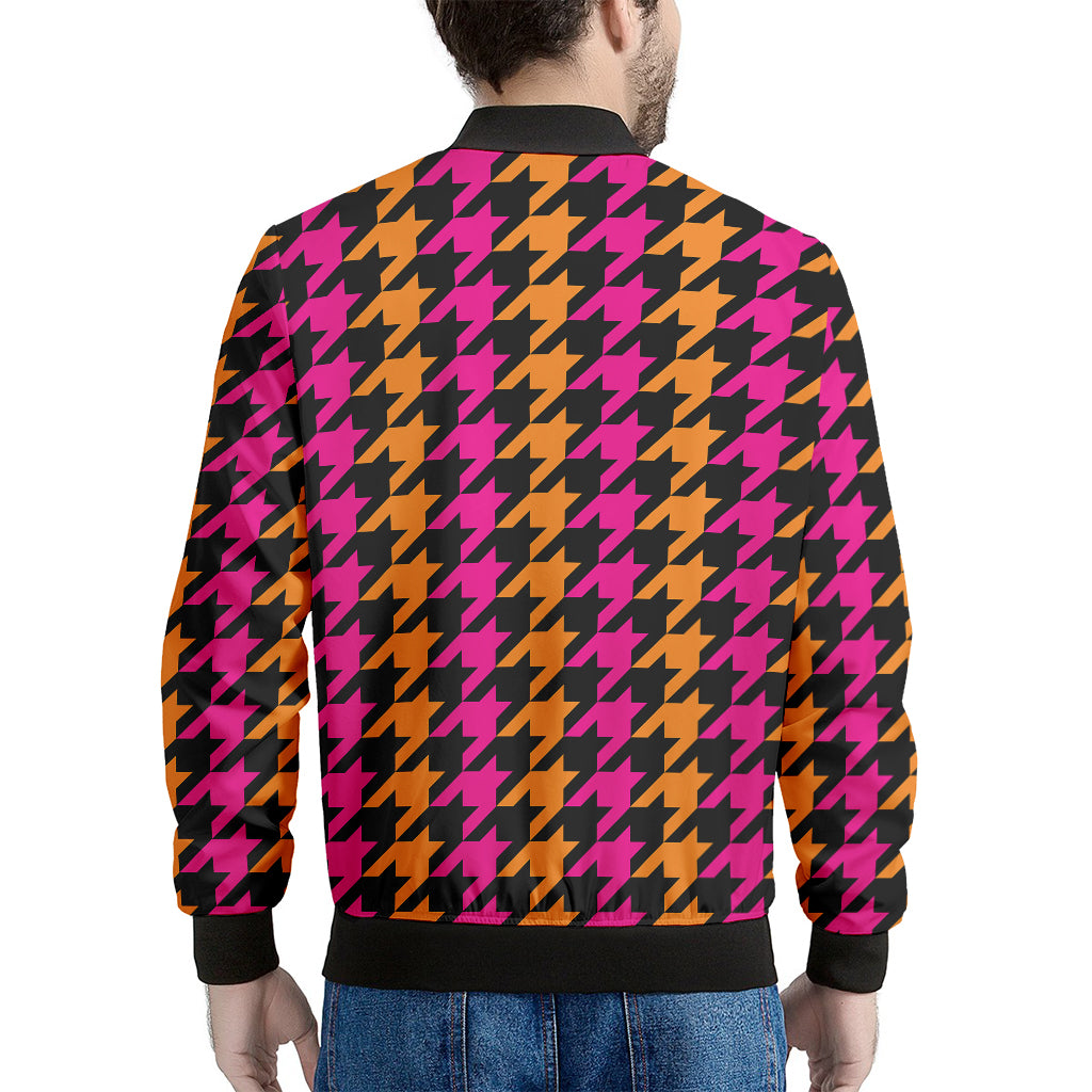 Orange Pink And Black Houndstooth Print Men's Bomber Jacket
