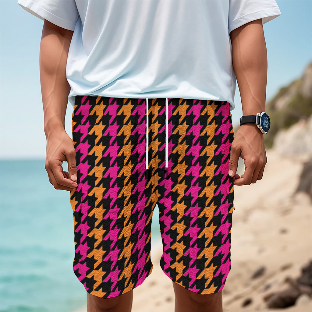Orange Pink And Black Houndstooth Print Men's Cargo Shorts