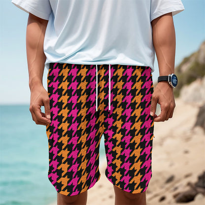Orange Pink And Black Houndstooth Print Men's Cargo Shorts