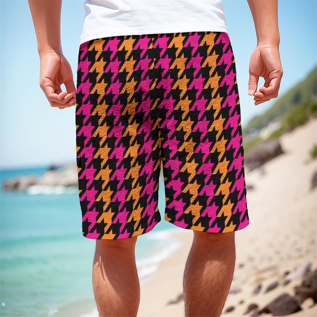 Orange Pink And Black Houndstooth Print Men's Cargo Shorts