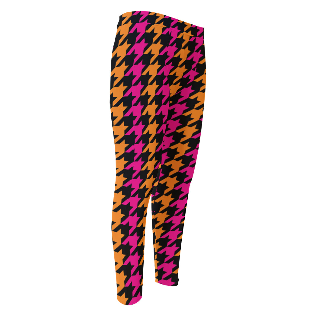 Orange Pink And Black Houndstooth Print Men's Compression Pants