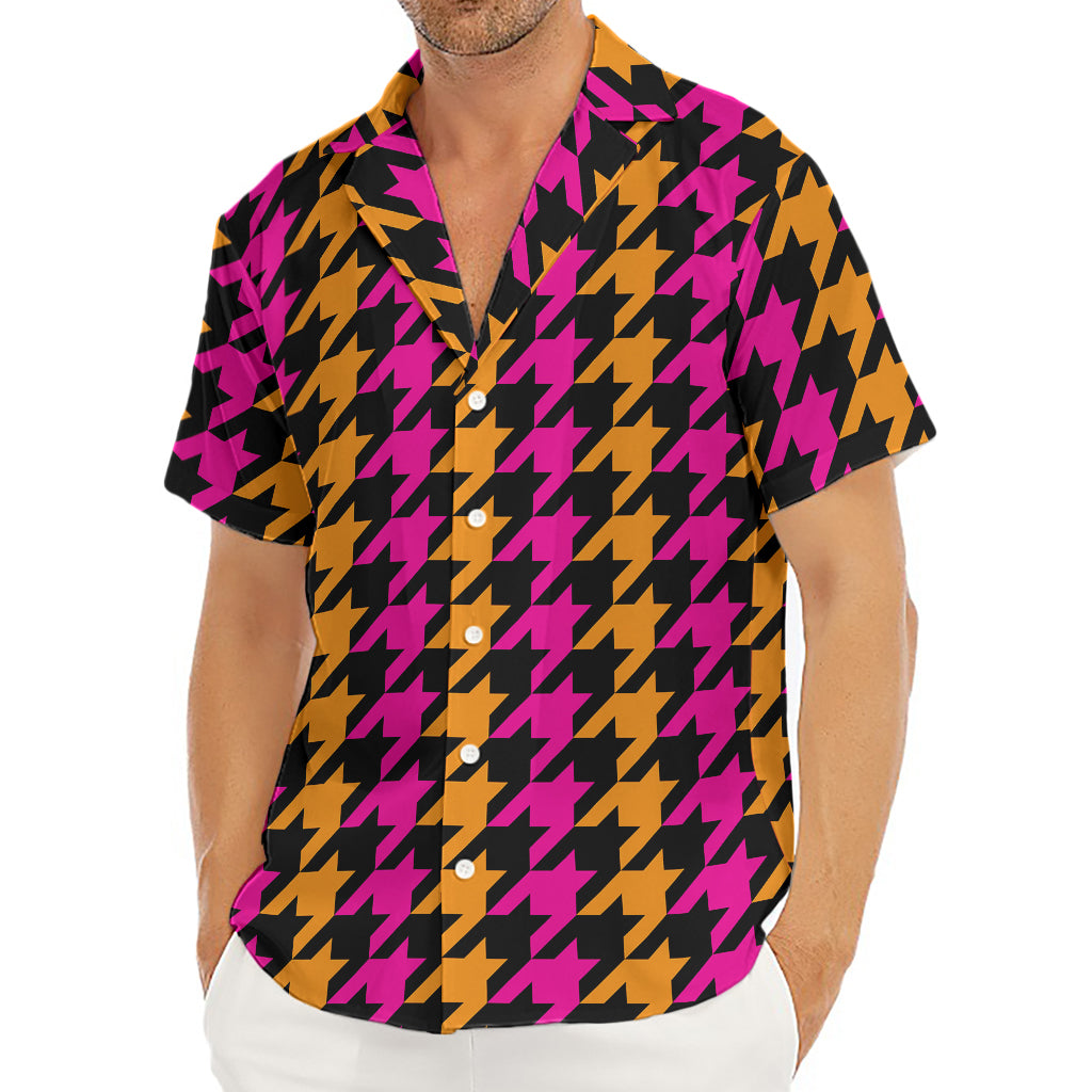 Orange Pink And Black Houndstooth Print Men's Deep V-Neck Shirt