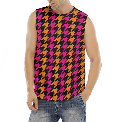 Orange Pink And Black Houndstooth Print Men's Fitness Tank Top